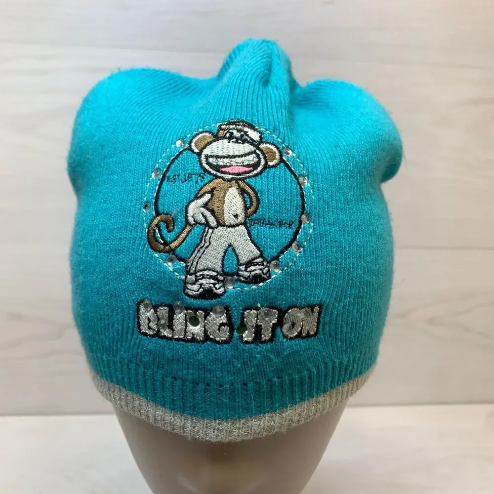 Y2K‎ Bobby Jack Girls Knit Beanie Hat Blue Monkey Embroidered Knit Retro